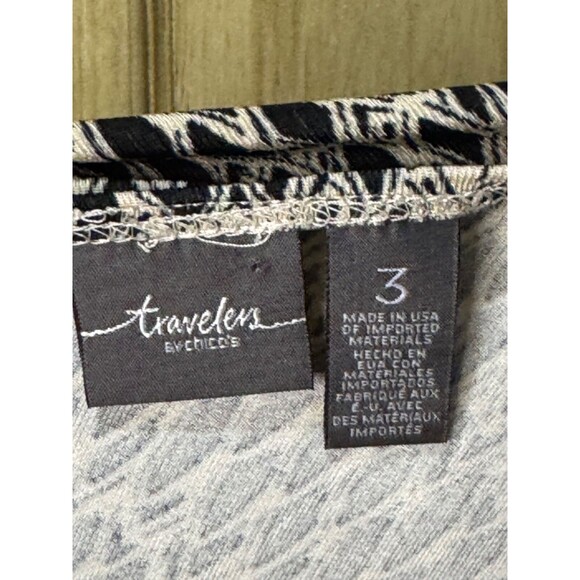 Chico's Travelers By Chicos Geometric Artsy Tunic Top Slinky Black Floral 3 (XL) - Picture 7 of 7